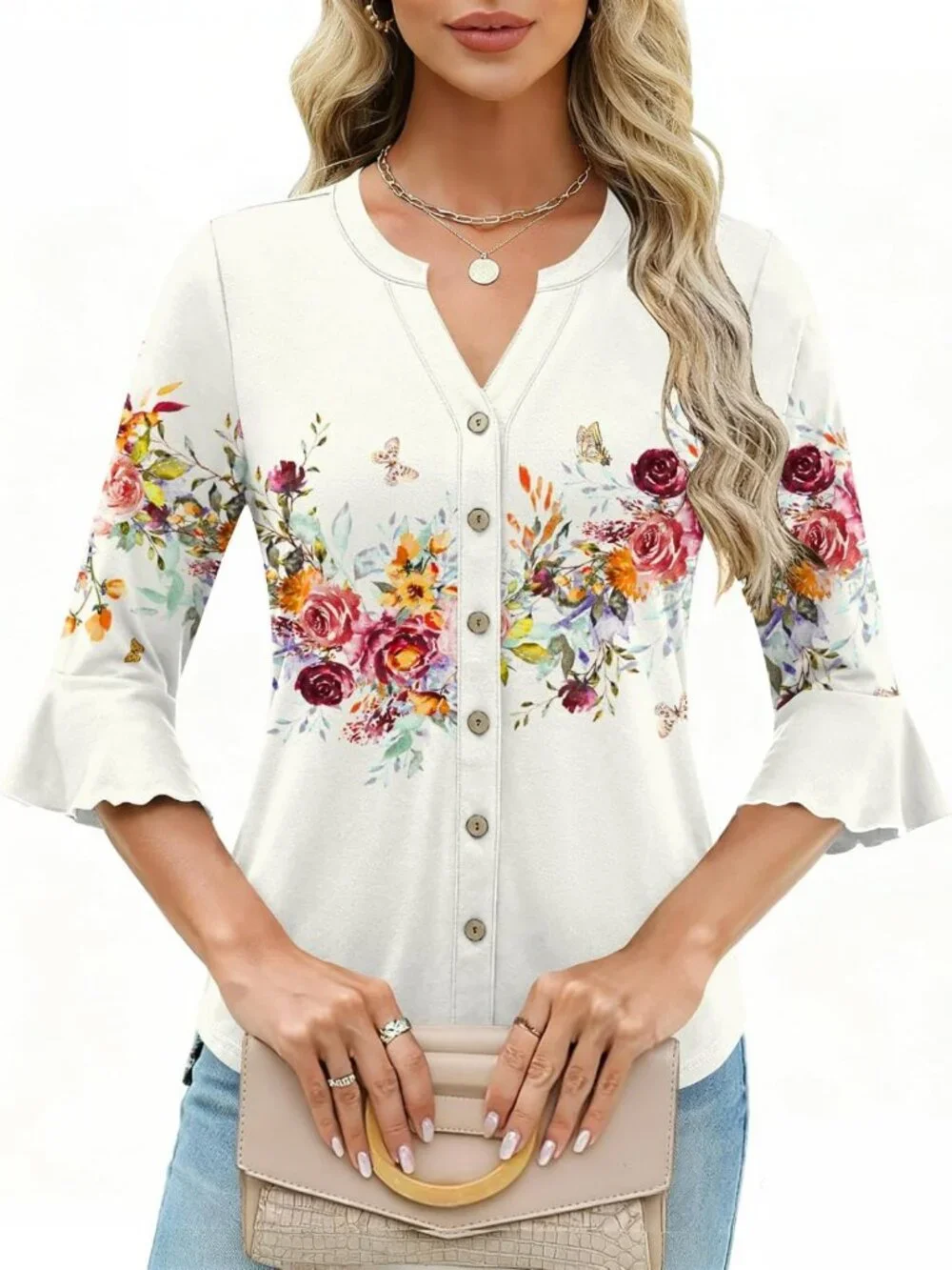 Casual Summer V-Neck Tunic Top for Women | 3/4 Sleeve Ruffle Bell Sleeve Tee